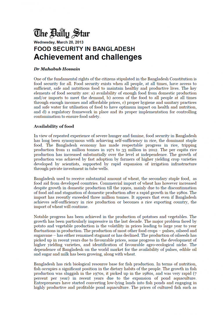 FOOD SECURITY IN BANGLADESH Achievement and challenges