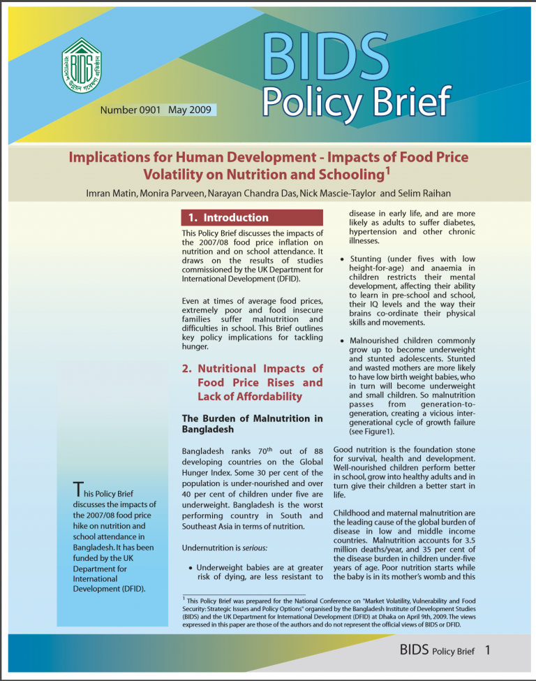 Implications for Human Development – Impacts of Food Price Volatility on Nutrition and Schooling